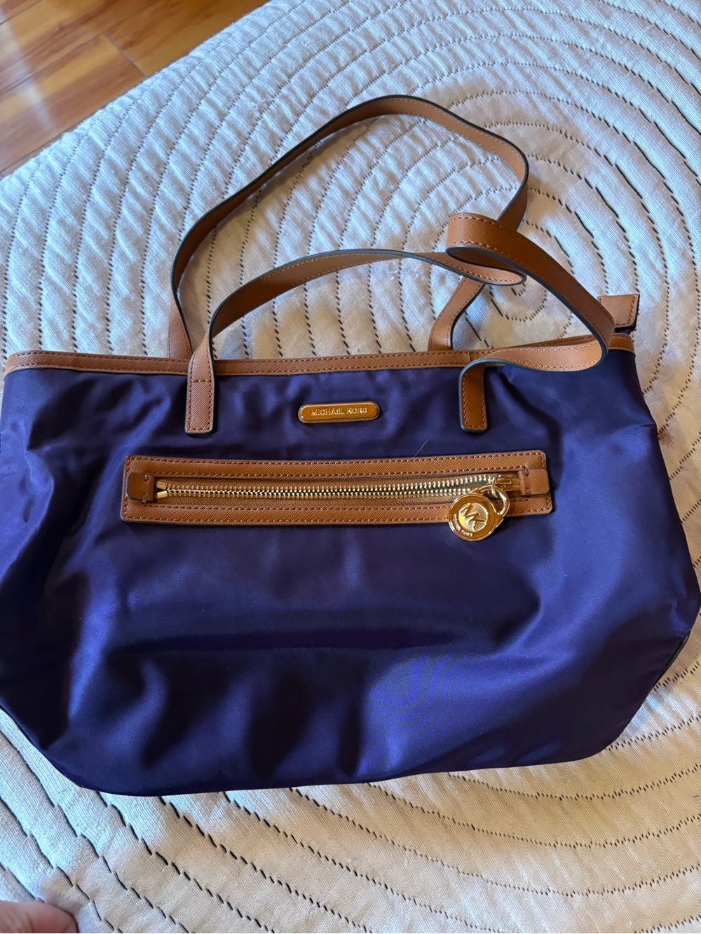 Michael Kors Purple Tote with Tan Leather Trim and Gold Hardware